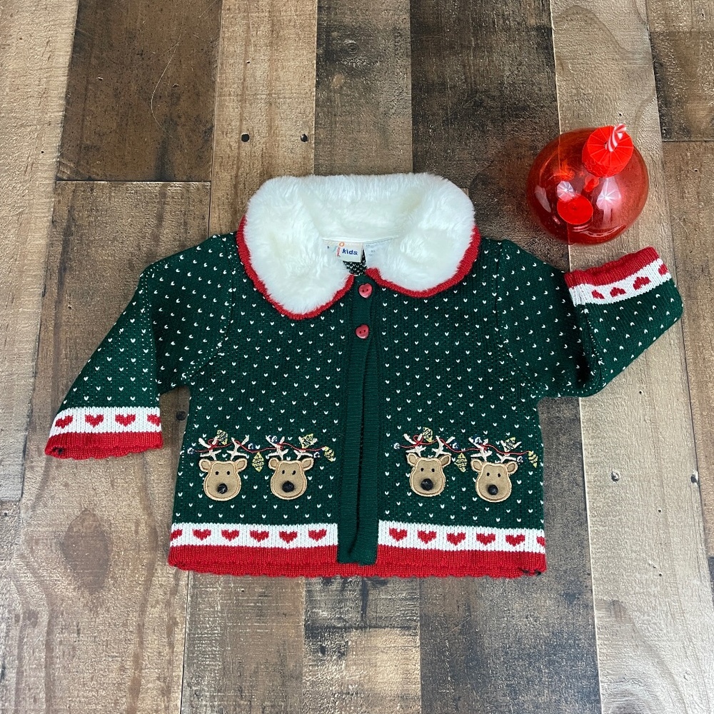Bt. Kids Green Faux Fur Collar Reindeer Sweater